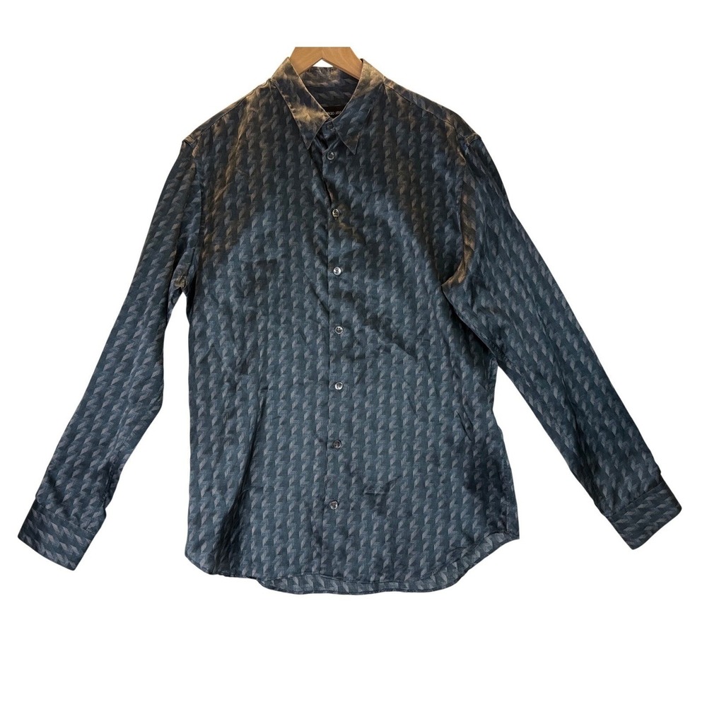 Giorgio Armani 100% Silk Button Up Shirt Blue Geometric Italy Sz 41 (M/L) *READ*